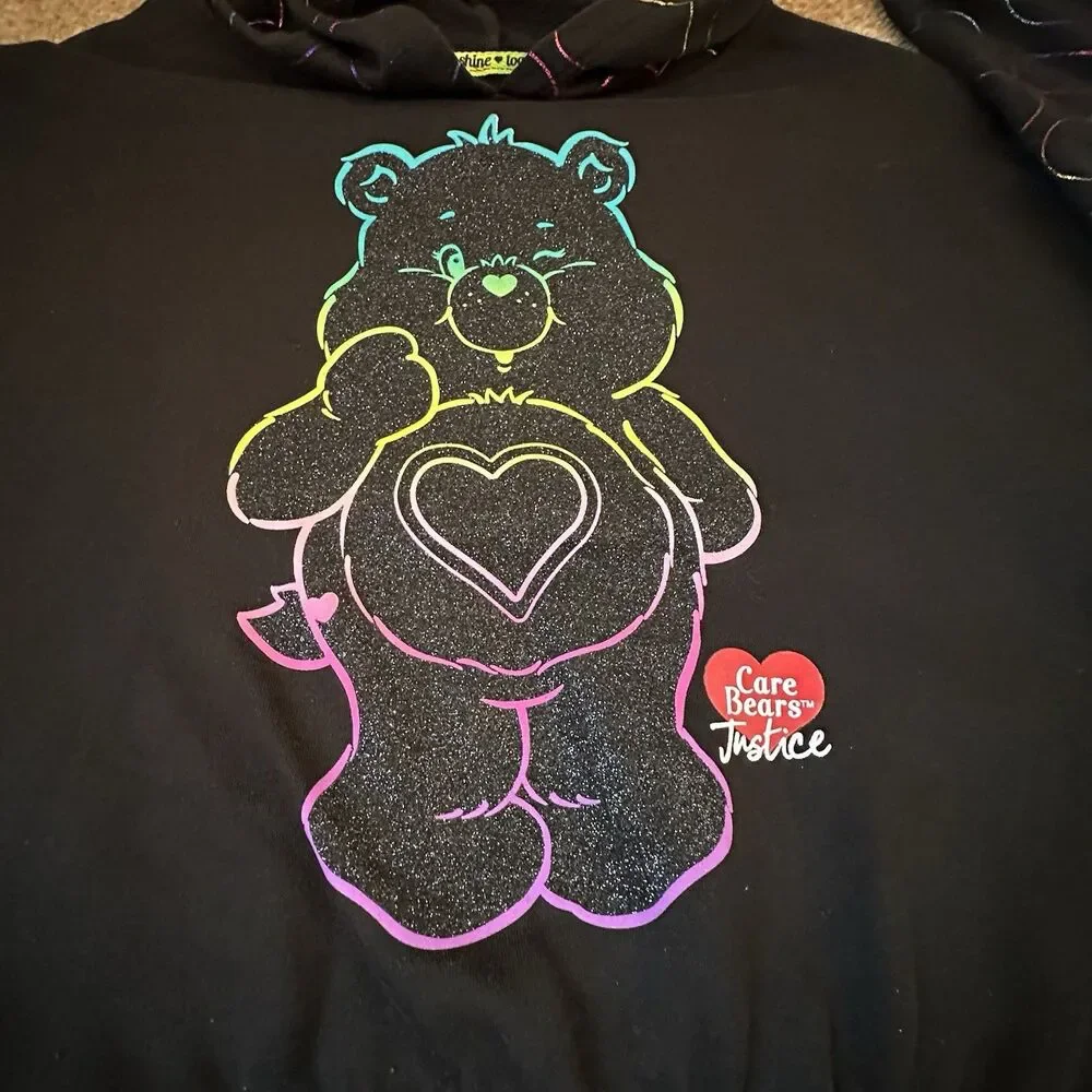 Care Bears Justice Girls L 12/14 Black Hoodie Rainbow Heart Graphic